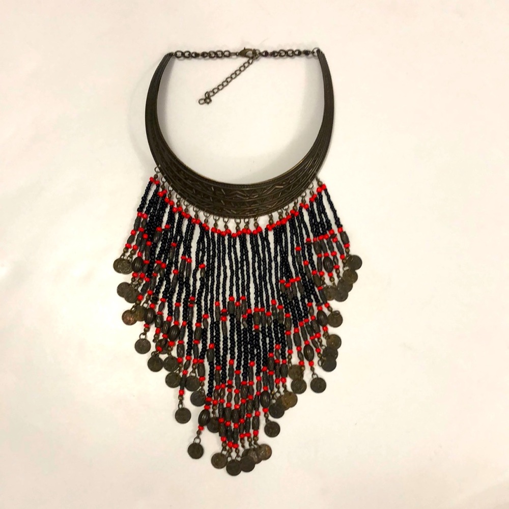 Choker Necklace Adjustable Bead Black Red Coin Egyptian ancient design Excellent